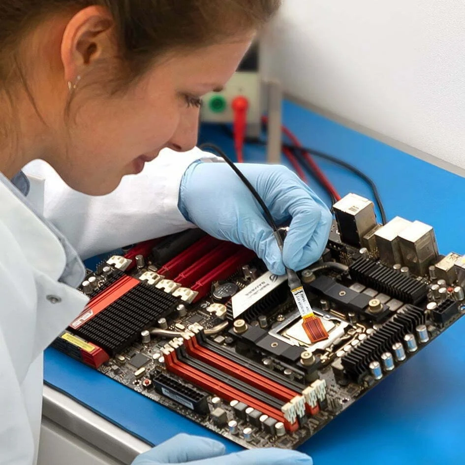 A woman attaching a FHF03 to circuit board.